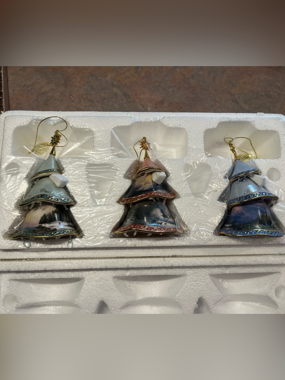 Thomas Kinkade set of 3 bone china Bell Ornaments NIB with COA